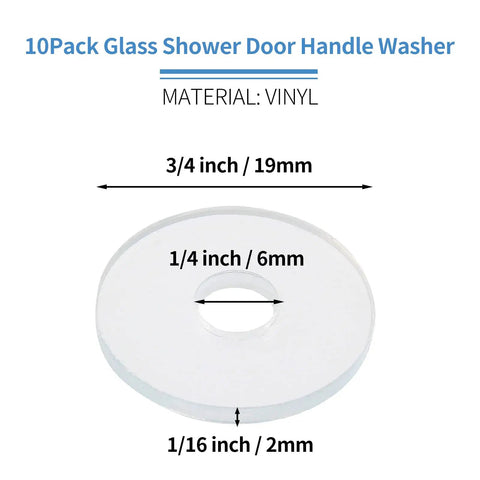 Clear 3/4 Inch Shower Door Washer Set For Glass Protection Qjaiune 10 Pack showing dimensions and vinyl material.