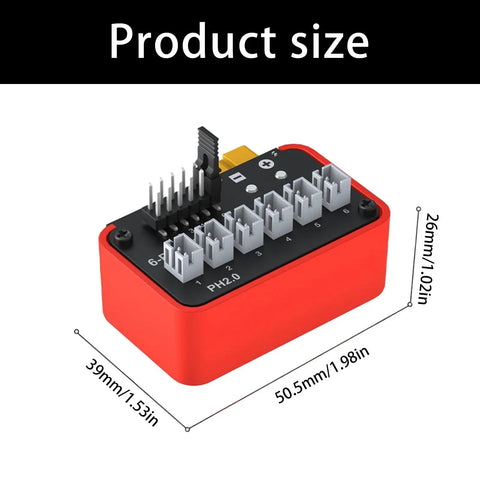 Six Port Battery Charging Hub With BT2.0 And PH2.0 Connectors For Rechargeable Iron Cells Up To 2.0A Output, size dimensions shown