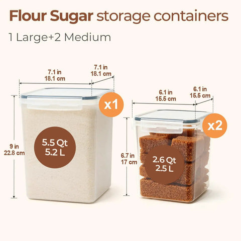 Flour And Sugar Storage Containers Set Of 3 Large Airtight Plastic Canisters With Lids 5.5 Qt Flour Jar And 2.6 Qt Sugar Jars Pantry Organizer For Rice Baking Supplies In The Kitchen with measurement labels