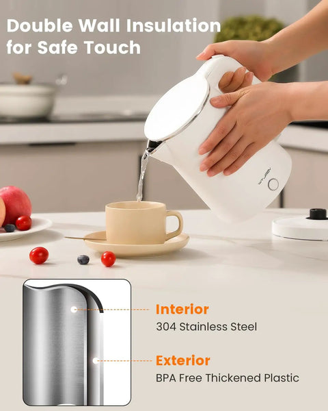 Electric Kettle Stainless Steel 1 Liter 1200W Quick Boil With Double Wall Cool Touch Design Auto Shut Off BPA Free 304 Stainless Steel Water Boiler For Coffee Tea Maker Warmer Heater White