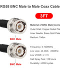 Low Loss BNC Coax Cable 3 ft 2 Pack RG58 50 Ohm Male To Male Cables with connector details and specifications