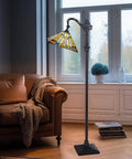 Tiffany Style Stained Glass Floor Lamp 62 Inch Tall With Adjustable Arch Reading Light in living room with sofa and window