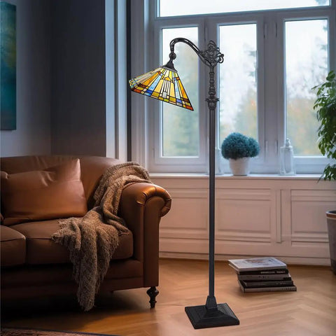 Tiffany Style Stained Glass Floor Lamp 62 Inch Tall With Adjustable Arch Reading Light in living room with sofa and window