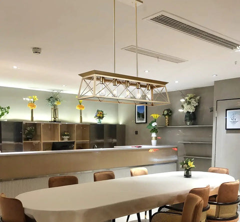 Gold Farmhouse Rectangular Chandelier With 5 Lights For Kitchen Island, Modern Linear Pendant Light Fixture With Metal Grille over table