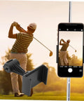 Hands Free Golf Phone Holder Clip For Golf Carts And Clubs With 360 Degree Rotating Swing Cam Mount showcasing golfer swing