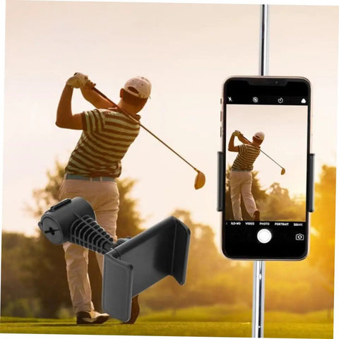 Hands Free Golf Phone Holder Clip For Golf Carts And Clubs With 360 Degree Rotating Swing Cam Mount showcasing golfer swing