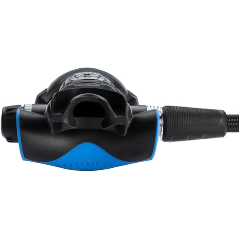 Front view of Pro Grade Cold Water Ready Dive Regulator With Master Breathing System Venturi Inhalation Adjustment with Comfobite mouthpiece