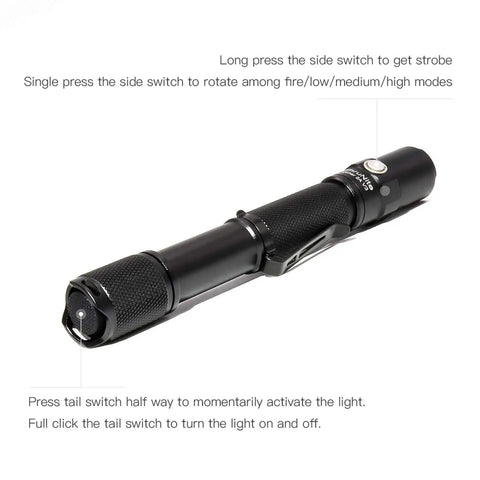 Archer 2A V3 LED Flashlight With Dual Switches Beefy 500 Lumens AA Powered IPX8 Waterproof, shown with side and tail switches.