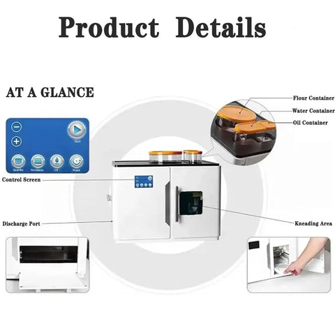 Automatic Roti Maker Electric Tortilla Machine With Touch Screen 1800W showing control screen, containers and kneading area.