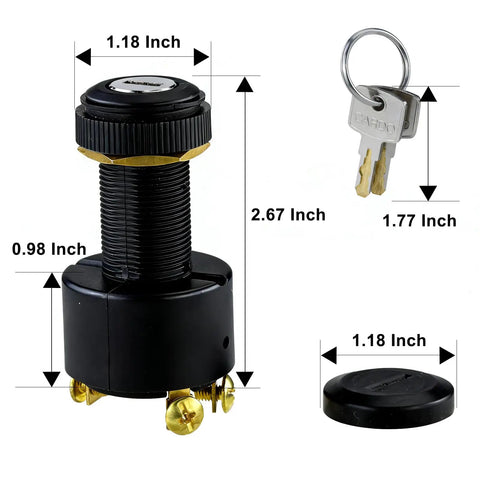 Marine Ignition Switch With 2 Keys 12V 10A 3 Position Waterproof Universal Keyed Switch Built Tough Replacement For Outboard Motor Tractor ATV UTV Sealed Boot Saltwater Resistant showing dimensions and keys
