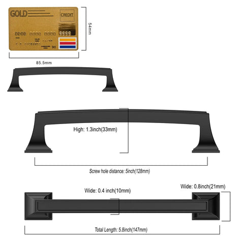 Matte Black Cabinet Pulls 10 Pack 5 Inch Center To Center Hardware with dimensions and credit card size comparison.