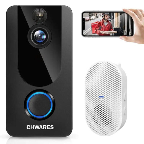 Video Doorbell Camera With Chime 1080P HD Wireless WiFi Motion Detection Two Way Audio Night Vision product image with smartphone view.