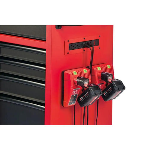 Charging station on Heavy Duty 16 Drawer Tool Chest And Rolling Cabinet Set 46 Inch Red Black with tools attached