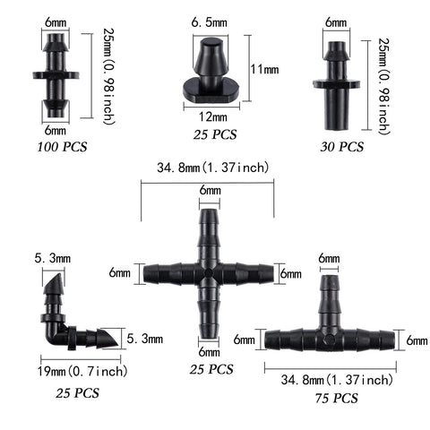 Barbed irrigation fittings kit for 1/4 inch tubing; 280 pieces; includes straight, tees, elbows, end plugs (Amazon).