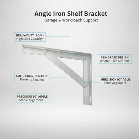 Heavy Duty Iron Angle Bracket 90 Degree L Shaped Support For Garage Shelves And Workbenches, Silver Finish, Bulletproof Build