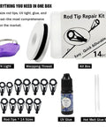 Ultimate Fishing Rod Tip Repair Kit With UV Light And Glue, includes 14 rod tips, UV light, glue, thread, kit box