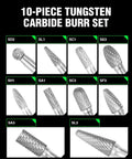 Ten-piece tungsten carbide burr set with 1/4 in shanks; collage of front views showing assorted die-grinder bits.