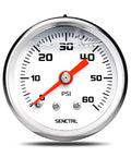 0-60 Psi Fuel Pressure Gauge 1/8 NPT Back Mount Brass And Stainless Steel Wetted Parts For Water Oil And Fuel Systems, Corrosion Resistant Dial Gauge Ideal For Fuel Regulators And Inline Testers. Front view, 0-60 PSI dial