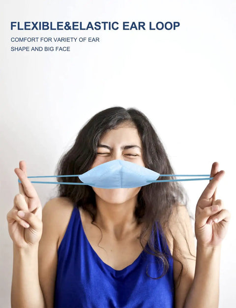 Woman stretching blue 60 Packs KN95 Face Masks For Adults, 5 Layer Safety Mask With 95 Percent Filtration, showing elastic ear loops.