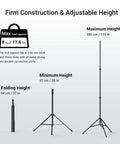 Dope Air Cushioned Aluminum Light Stand Extends To 110 Inches showing maximum height and folding height with 8kg max load
