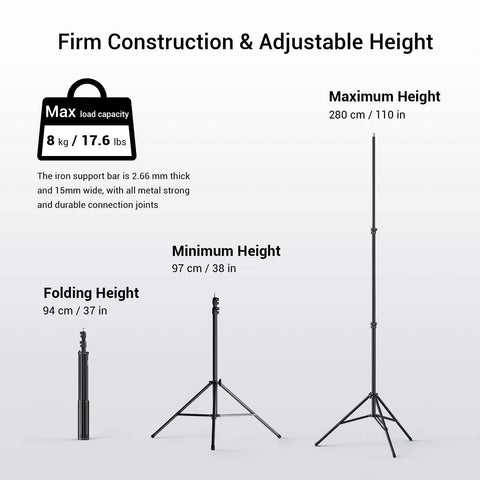 Dope Air Cushioned Aluminum Light Stand Extends To 110 Inches showing maximum height and folding height with 8kg max load