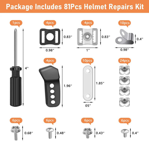 Pro Grade 81 Piece Football Helmet Repair Kit With Visor Clips J Clips Screws Nuts Washers And Screwdriver components diagram