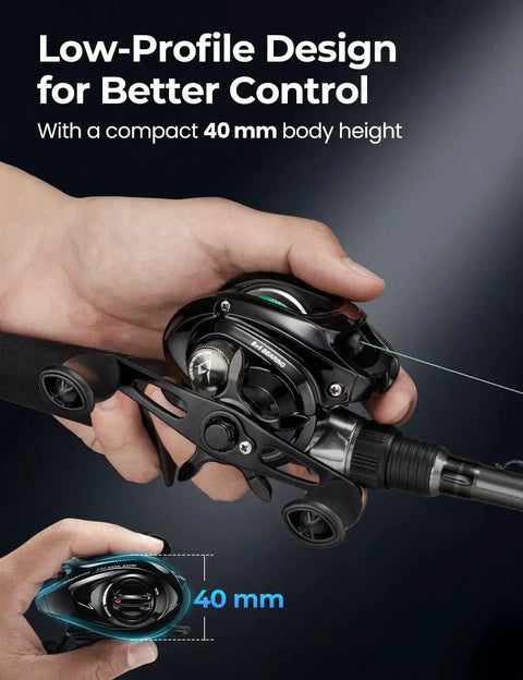 Person holding Torrent Lite Ultra Light Baitcasting Reel With Carbon Body, 5.5 oz, low profile 40mm design, black color.