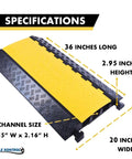 Tough As Nails Heavy Duty Cable Protector Ramp 3 Channel 1 Piece 36 Inch Long Black And Yellow Cord Cover With 44000 Lbs Capacity Rubber Speed Bump Wire Protector For Safe Driveways And Worksites MUTCD OSHA Compliant showing dimensions.