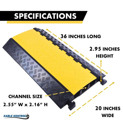 Tough As Nails Heavy Duty Cable Protector Ramp 3 Channel 1 Piece 36 Inch Long Black And Yellow Cord Cover With 44000 Lbs Capacity Rubber Speed Bump Wire Protector For Safe Driveways And Worksites MUTCD OSHA Compliant showing dimensions.