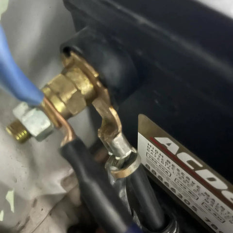 Rock Solid Brass Side Post Battery Terminal Bolt Extender Stud Compatible With Gm Batteries No Hassle Straight Swap For Wire Connections Built Tough Pack Of Two, close-up of brass terminal connection.