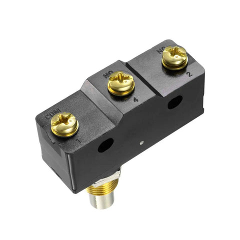 Panel Mount Snap Button Micro Limit Switch With 1NO 1NC, Rated 15A 125 250 380 VAC, visible side view, IP62 housing, brass connectors