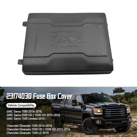 Heavy Duty Fuse Box Cover Compatible With Gmc Sierra Chevy Silverado 1500 2500 Hd 3500 Hd 2014 Through 2019 Replaces Oem 23174030, black plastic design.
