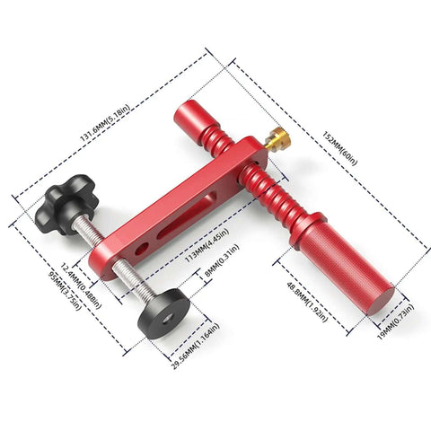 Adjustable MFT Bench Clamp For Woodworking With 19mm Aluminum Alloy Dog Hole Clamp shown with dimensions