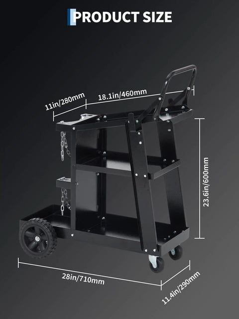 Beefy 3 Tier Welding Cart With 360 Degree Swivel Wheels, black cart dimensions shown with safety chains and metal shelves