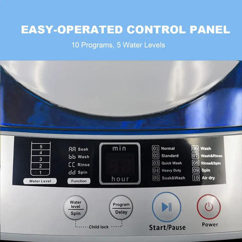 No Sweat Super Compact 1.34 Cu Ft Portable Washing Machine Fully Automatic control panel with settings for wash and rinse.