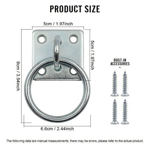Heavy Duty Horse Tie Ring Square Wall Mounted Fastener with dimensions and screws for easy ground ties and stable setup
