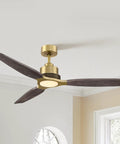 56" Soft Brass Chandelier Ceiling Fan,2 Downrods Fandelier with Remote featuring 3 dark wood blades and gold body in a modern room.