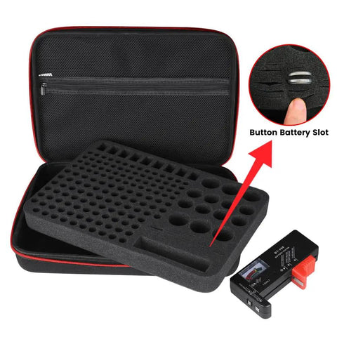 Battery Organizer Case With Built In Tester For 200 Or More Batteries AA AAA C D 9V Fireproof Waterproof Explosion Proof Vault Box Carrying Case With Durable Portable Carry Strap For Home Garage Or Workshop Use