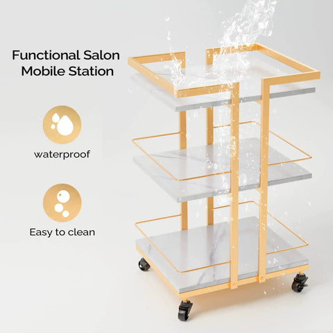 Wheeled Beauty Salon Cart On Gold Finish for Mobile Spa and Cosmetology, 3-tier, waterproof and easy to clean.
