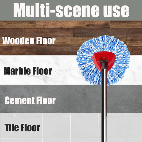 Spin Mop Head Base And Handle Replacement For OCedar EasyWring RinseClean Microfiber Spin Mop 2 Tank System Replacement Kit For Durable Clean Floors And Easy Wet Mopping, shown on wood, marble, cement, and tile floors