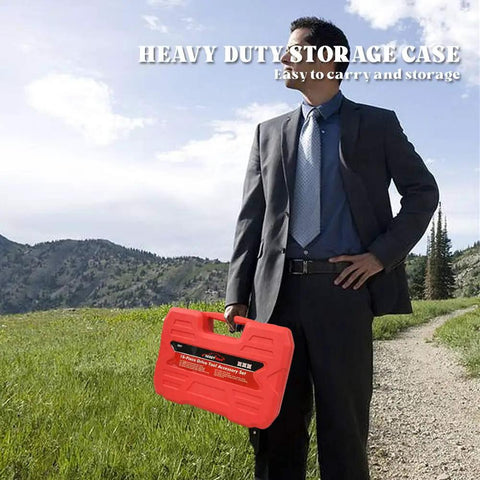 Man holding red storage case for 18 Piece Heavy Duty Pro Grade Drive Tool Accessory Set in outdoor setting