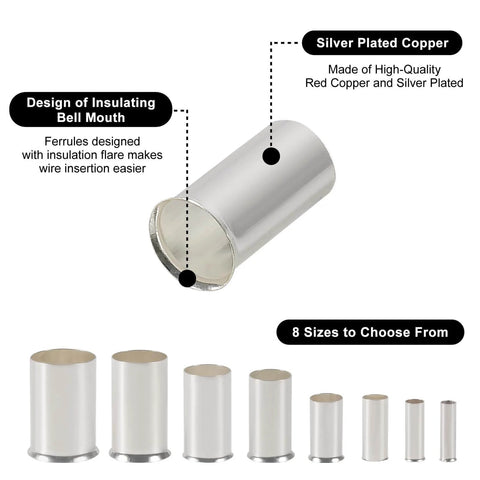 Ultimate Wire Ferrule Kit For Home, Auto, And Electronics, Silver Plated Copper Crimp Terminals In Eight AWG Sizes