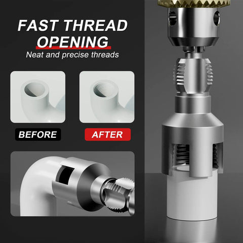 Dual Function Pipe Threader Kit With 1 Inch Dies For Internal And External Threads in use on PVC pipe for leak-free plumbing