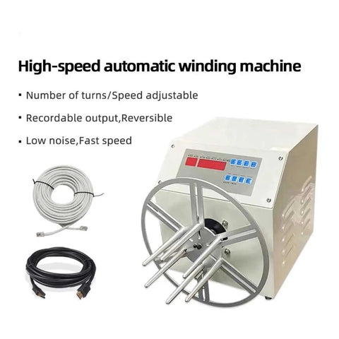 Badass Automatic Cable Winding Reel Cuts Through Tangles When Handling Usb Cords And Phone Lines While Effortlessly Spooling Four To Ten Millimeter Wire Daily, with controls and cables shown.