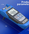 Rechargeable Optical Power Meter For Fiber Optic Testing, dimensions 7x3.5x1.7 inches, blue design with digital display
