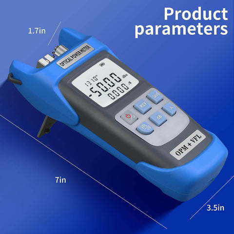 Rechargeable Optical Power Meter For Fiber Optic Testing, dimensions 7x3.5x1.7 inches, blue design with digital display