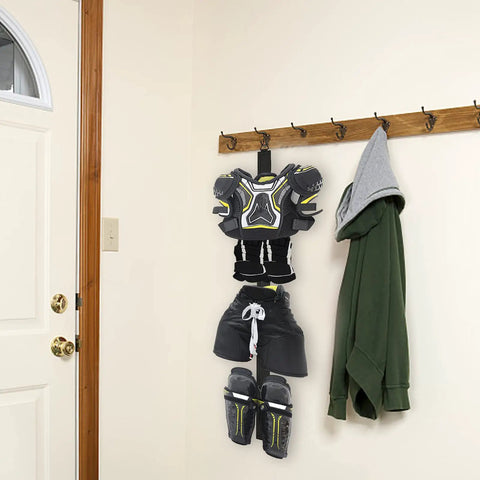 Portable Hockey Gear Drying Rack with five sturdy hooks hanging pads and helmets indoors