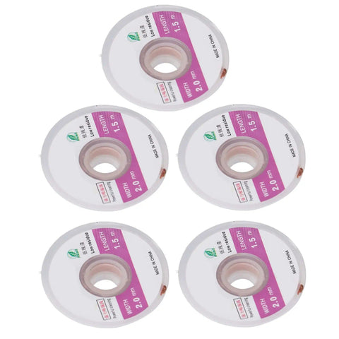 Pro Grade Solder Wick Desoldering Braid Copper Wire 5 Pack 2mm Width By 4.9 Feet for Electronics Repair shown in rolls