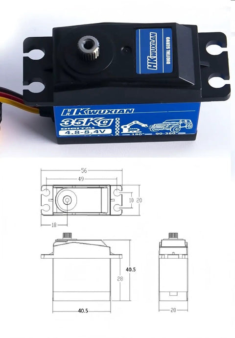 Heavy Hit 35 Kg Metal Digital Servo With All Steel Gears And Cold Forged Aluminum Housing, dimensions and specifications.