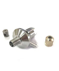 Waterjet cutter head body with threaded nozzle, polished stainless steel; knurled brass nut and small adapter included.